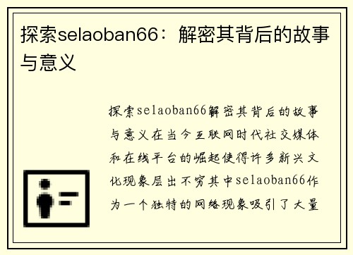 探索selaoban66：解密其背后的故事与意义